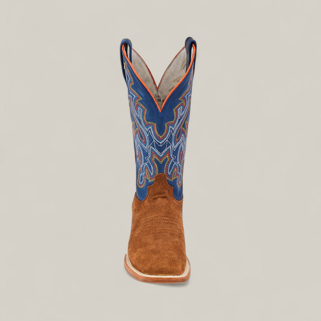 The Buck - Camel - Square Toe boot features a brown suede foot, a tall blue shaft with colorful embroidery, and is shown from the front against a plain light background.