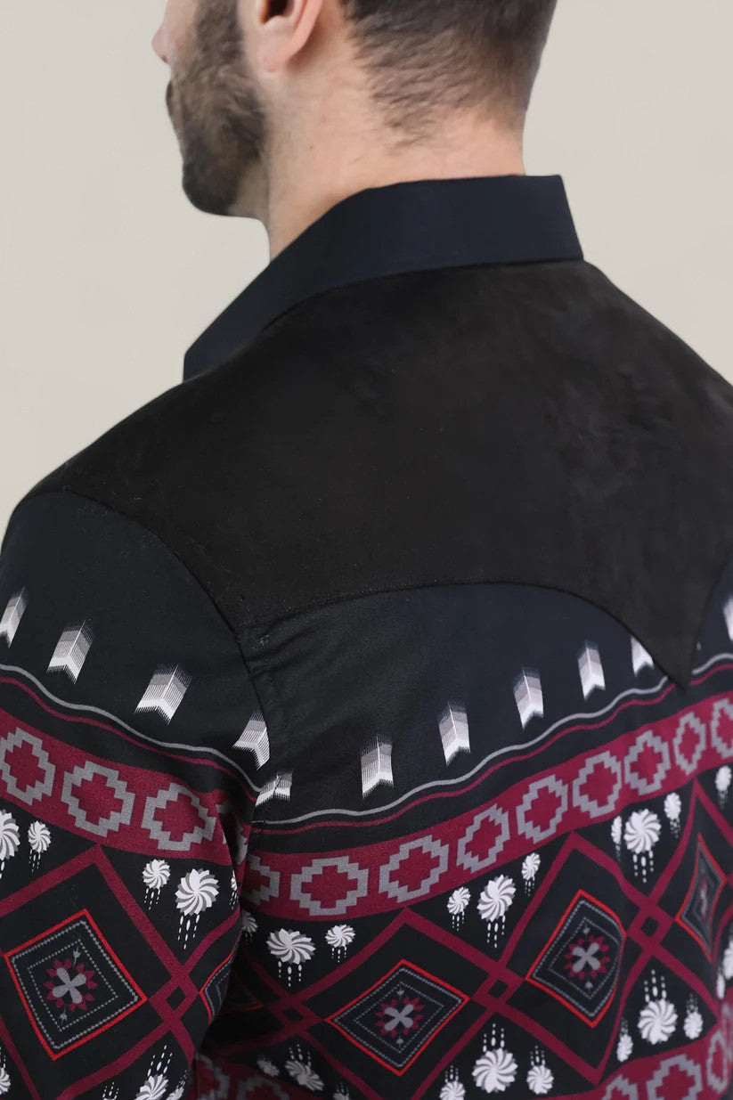 A man seen from behind wears the Mens Western Modern Fit Cotton/Spandex Long Sleeve Black Shirt with Snaps (WPL10750), featuring modern styling, a black color, and classic Western details.