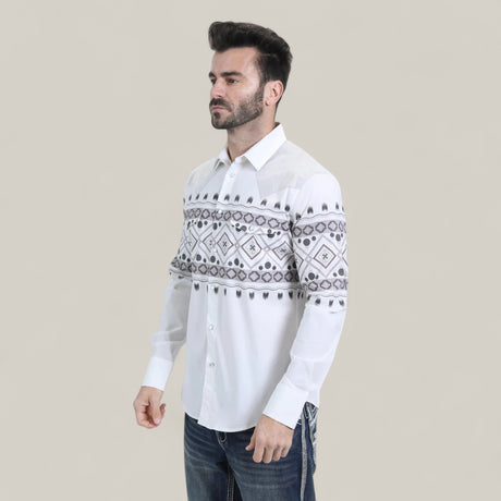 A man with short dark hair and a beard is wearing the Mens Western Modern Fit Cotton/Spandex Long Sleeve White Shirt with Snaps (WPL10751), standing against a plain beige background.
