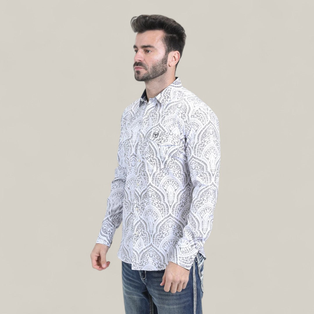 A man with short dark hair and a trimmed beard models the Mens Western Modern Fit Cotton/Spandex Long Sleeve White Shirt with Snaps (WPL10822), paired with blue jeans, standing against a plain light gray background.