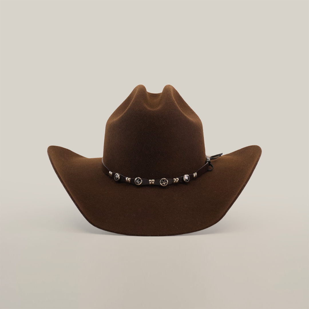 The 6X Dallas Brown is a sheep wool cowboy hat with a wide brim and Metallic accented band, exuding Western sophistication on a neutral white background.