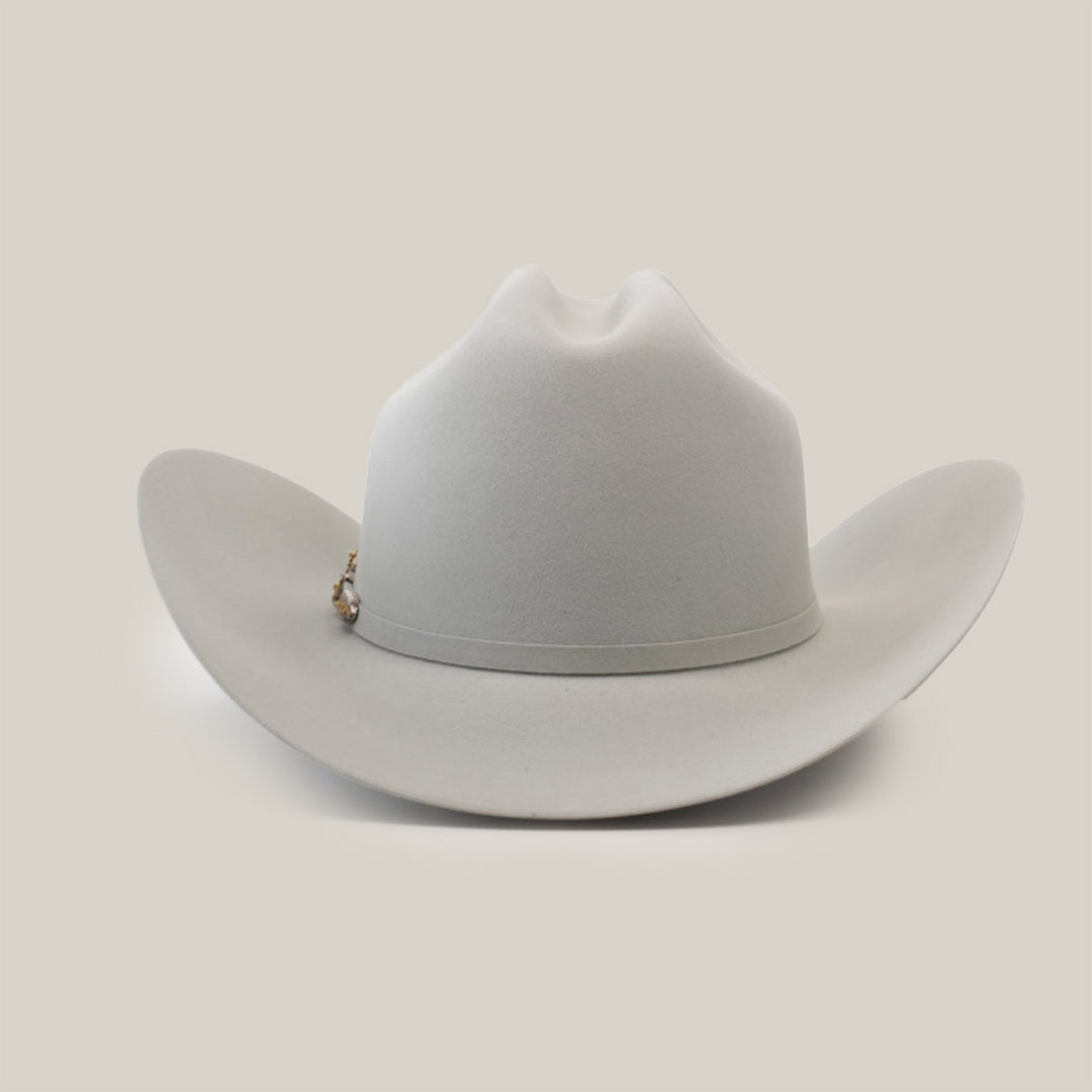 The 1000X Imperial Platinum is a light gray western hat with a wide brim and subtle decoration on the band, crafted in Larry Mahan 1000x quality and elegantly presented against a plain white background.