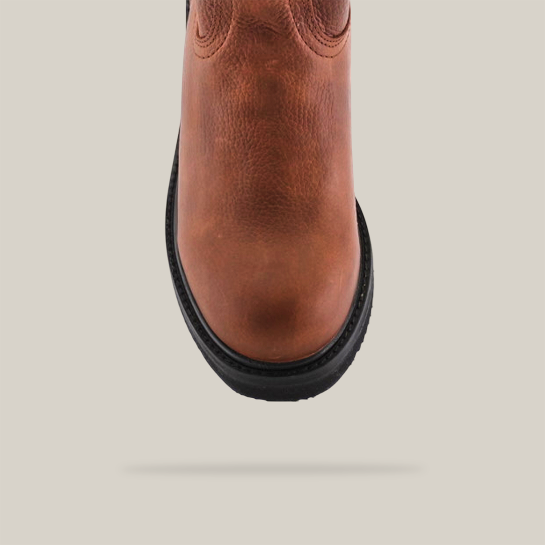 Top view of the Brandy Roper - Laredo Sole - Soft Toe brown leather boot, crafted from premium cowhide with visible stitching and a rounded toe. The black rubber sole contrasts against a white background, showcasing its Western bootmaking heritage beautifully.