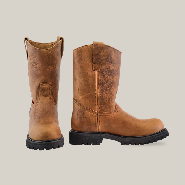 A pair of Tan Roper - Tractor Sole - Soft Toe boots made from premium cowhide leather. The left boot highlights the front and logo, while the right showcases its profile and pull strap against a white background.