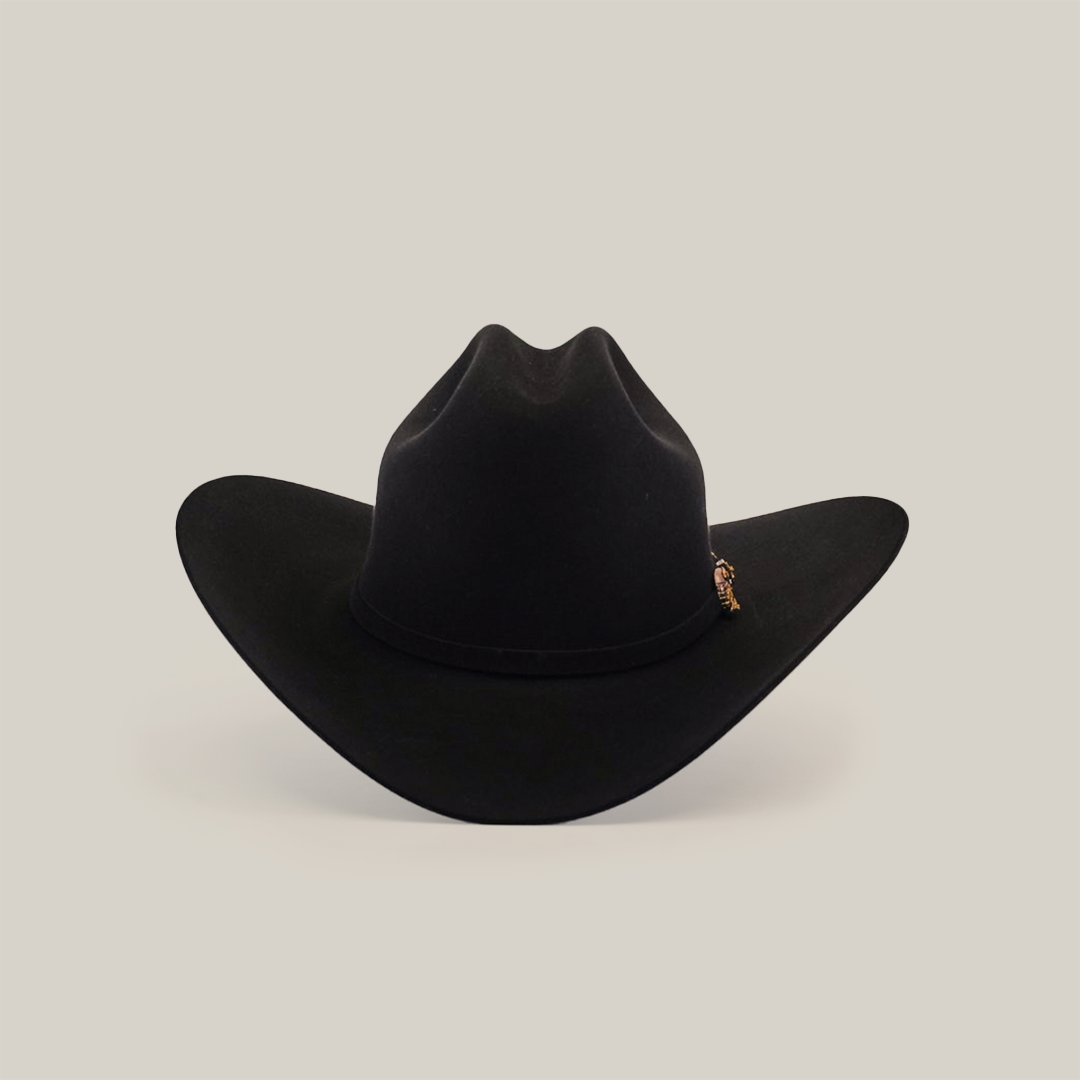 The 1000X Imperial Black hat features a wide brim and a slightly curved crown with a subtle side badge, showcasing classic cowboy charm. Inspired by Larry Mahan designs, it stands out against a pristine white background.