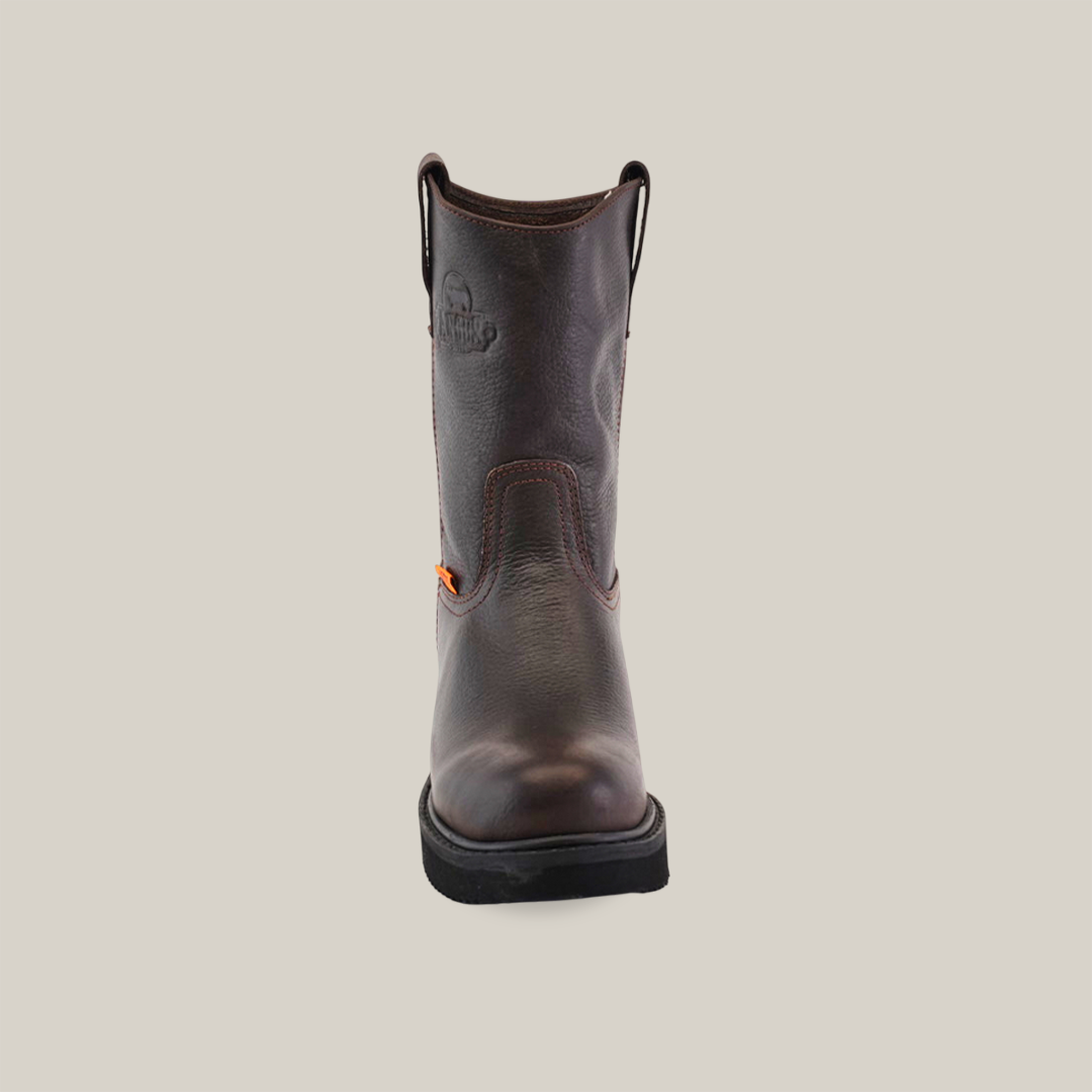 The Brown Roper with Laredo Sole - Soft Toe is a premium cowhide leather boot in dark brown, featuring orange stitching, dual side pull tabs, and a rounded toe on the iconic Black Roper Laredo Sole, all showcased against a plain white background.