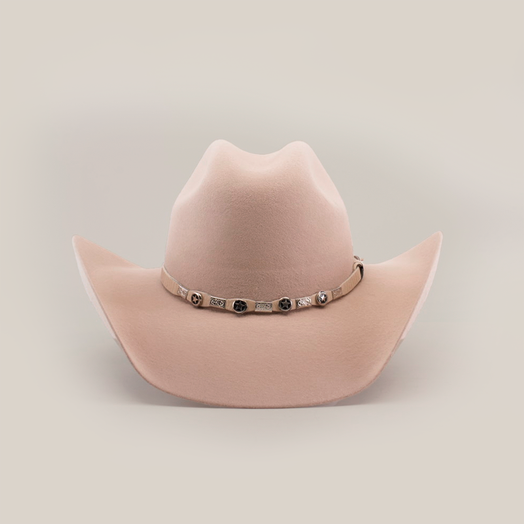 The 6X Chihuahua Belly, a beige cowboy hat made from premium sheep wool, showcases a wide brim and decorative band with metal accents around the crown, all set against a plain white background, embodying classic cowboy style.