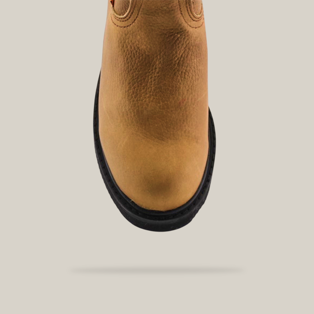 A top-down view of the Tan Roper - Laredo Sole - Soft Toe work boot made from premium cowhide leather with black trim and sole. The textured surface and stitching details are visible against a plain white background.