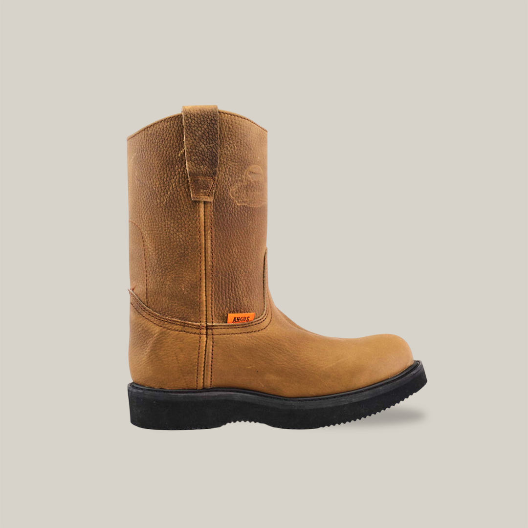 The Tan Roper - Laredo Sole - Soft Toe work boot, made of premium light brown cowhide leather, features a rugged texture and black Laredo sole. Convenient pull tabs at the top and a small orange label on the side add distinctive details, set against a plain white background.