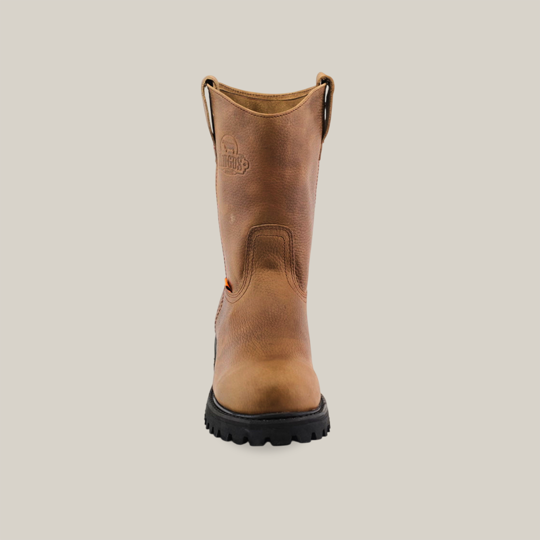 Front view of the Tan Roper - Tractor Sole - Soft Toe, a rugged work boot made from premium cowhide leather. The single tan boot features black soles and handles, with a textured leather surface and visible stitching on a plain white background.