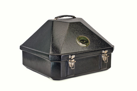 A black, pyramid-shaped hard case with a handle on top, two silver latches, and a gold TOMES emblem on the side, set against a plain white background.