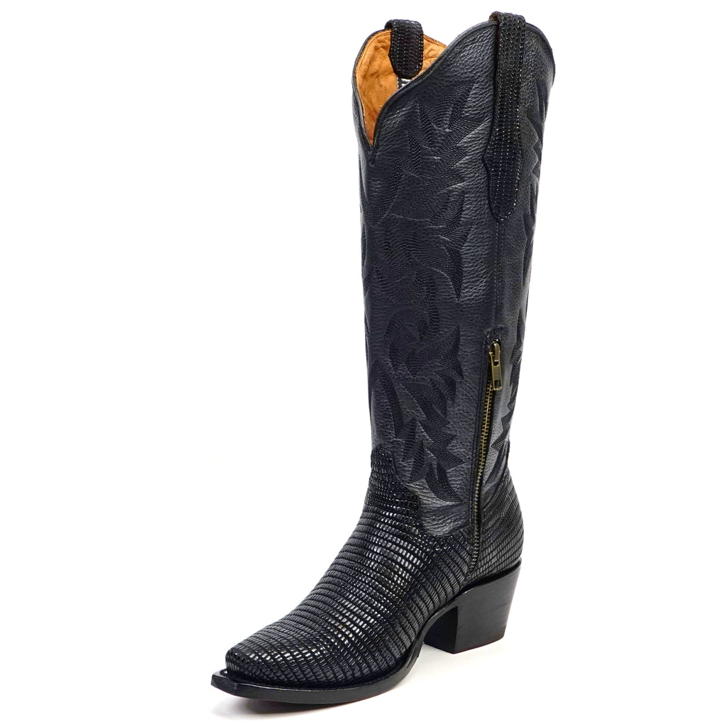 Embossed Lizard Black Cowgirl Boots - Tall Shaft - Snip Toe (E873)