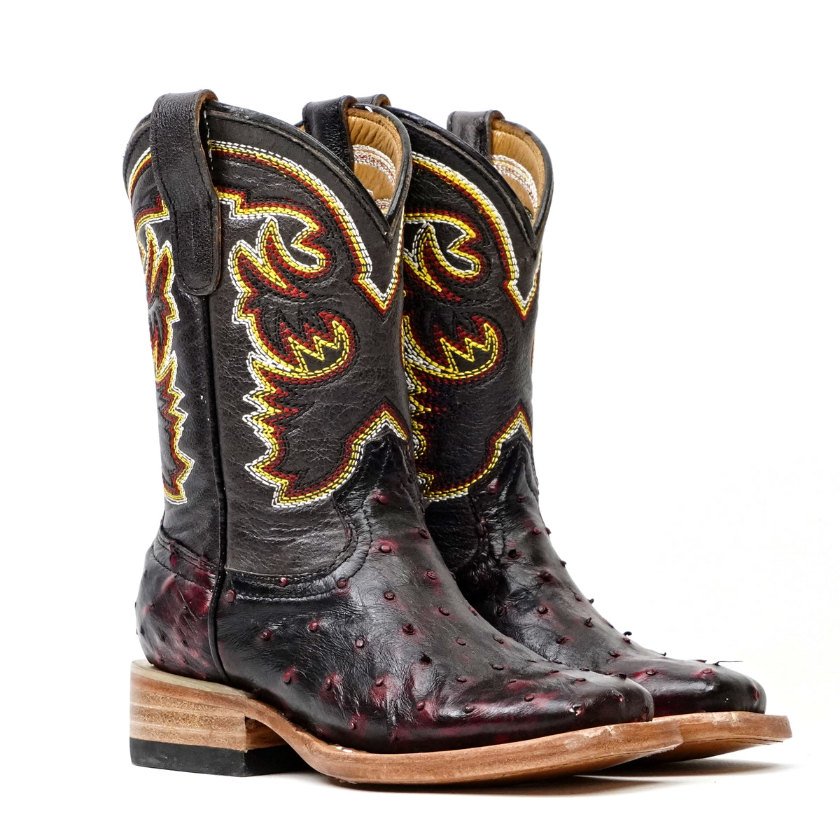 Kids Ostrich Boots - Black Cherry - Square Toe