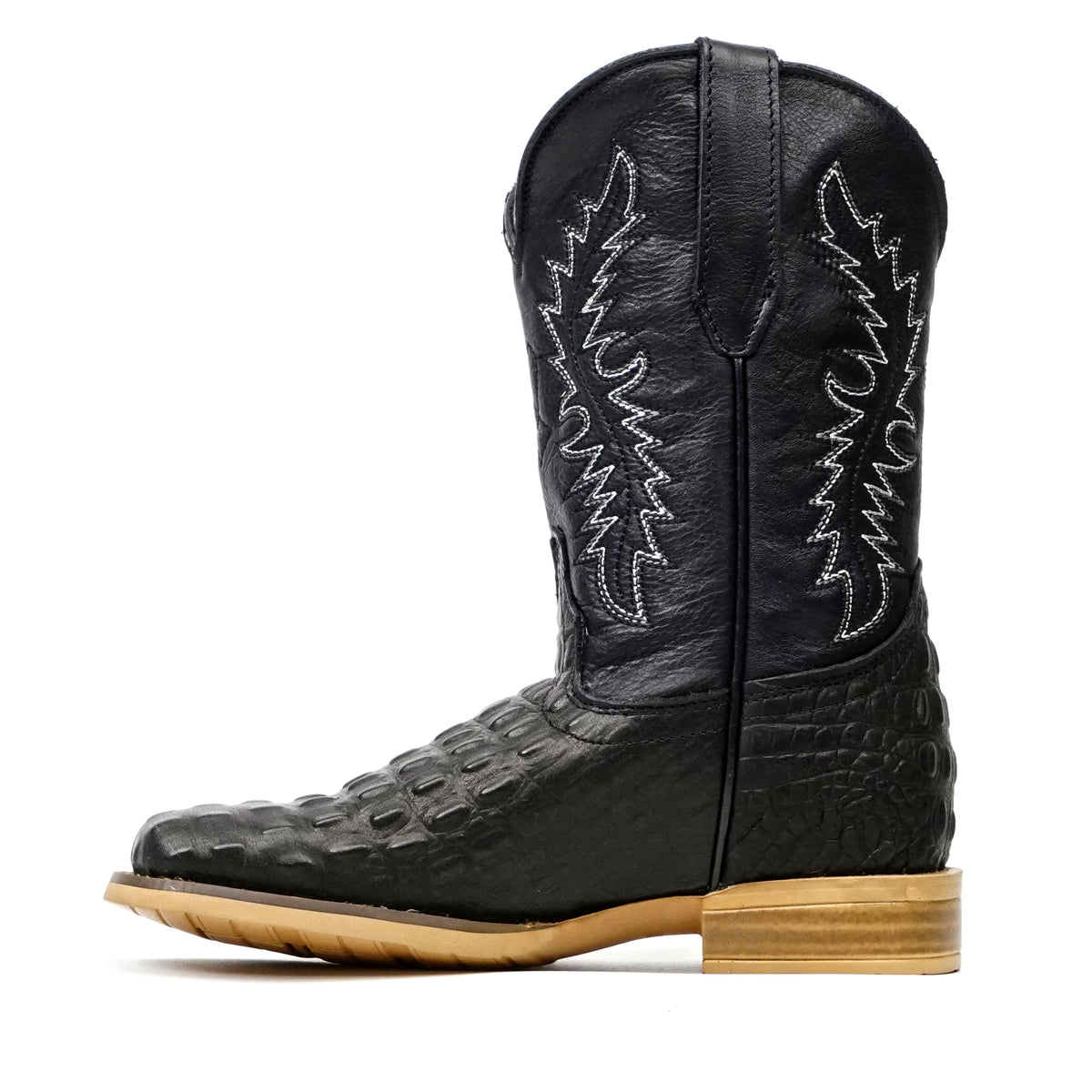 Kids Crocodile Black Boots - Embossed Leather - Square Toe (K10-1)