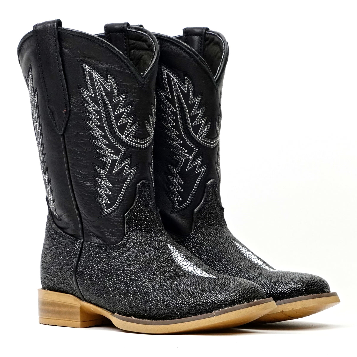 Kids Black Stingray Boots - Embossed Leather - Square Toe (K20-1)