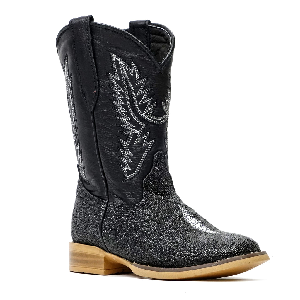 Kids Black Stingray Boots - Embossed Leather - Square Toe (K20-1)