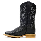 Kids Alligator Belly Black Boots - Embossed Leather - Square Toe (K27-1)