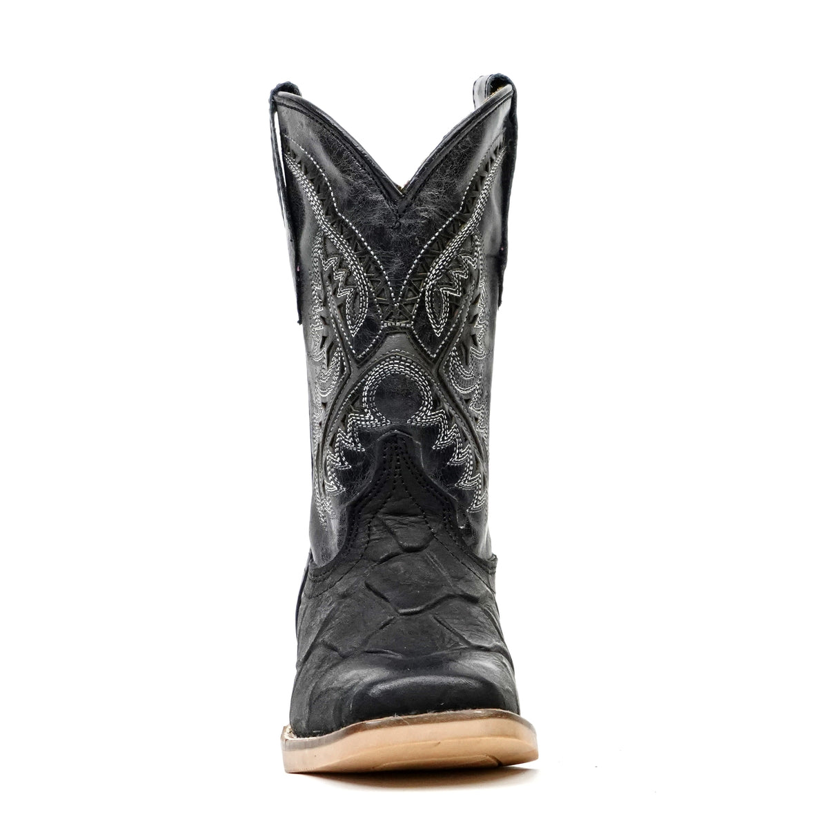 Kids Pirarucu Fish Black Boots - Embossed Leather - Square Toe (K92-1)