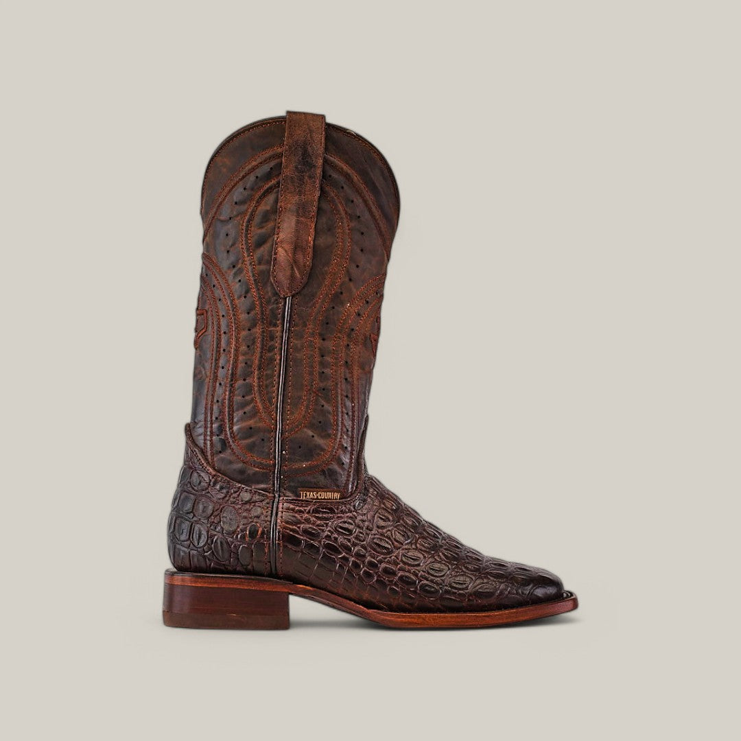The Alligatoar Horn Back Print Brown - Square Toe cowboy boot features dark brown leather with intricate stitching, an alligator horn back texture on the lower half, a square toe, medium-height wooden heel, and pull straps on each side against a light grey background.