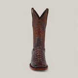 A single Alligatoar Horn Back Print Brown cowboy boot with intricate stitching and embossed shaft design features a square toe and textured crocodile-patterned leather, centered against a plain, light background.