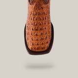 Close-up of the Alligatoar Horn Back Print Honey boot, showcasing its textured alligator leather pattern and unique square toe design, viewed from above on a light grey background.