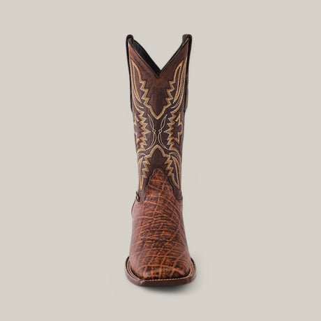 Close-up of a single Mamut Grimm Brown Square Toe cowboy boot made from premium leather, featuring intricate stitching and ornate Western-style patterns, set against a plain light background.