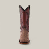 The Exotic Carunga - Diamond boot in natural tone is showcased from the front against a plain background. This genuine leather cowboy boot has a square toe, textured details, and intricate patterned stitching on the shaft.