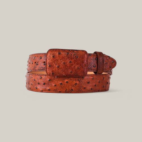 Ostrich Print Cogñac Belt - Cowboy Buckle