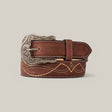 Introducing the Crazy Brown Belt - Texas Buckle, crafted from premium leather with intricate tan stitching and featuring a large Texas Buckle with decorative engravings against a light beige background.