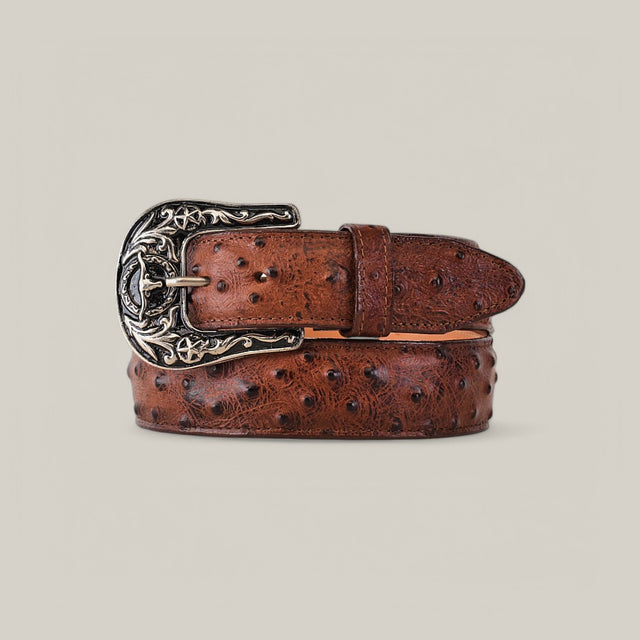 The Ostrich Print Brown Belt, featuring a decorative silver Texas buckle with intricate designs, is neatly coiled against a plain gray background.