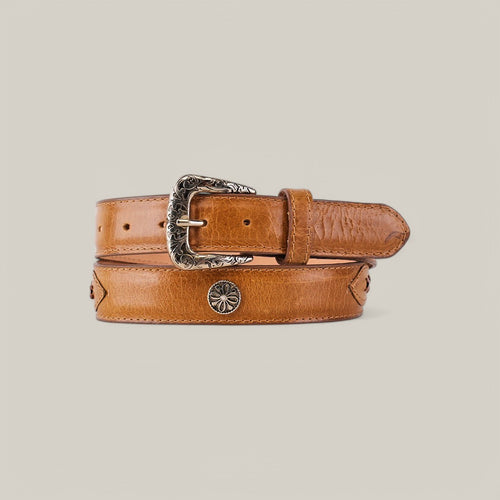 The Alexa Orix Belt - Roller Buckle, with its brown leather and ornate silver buckle, adds elegance to any wardrobe. Coiled neatly on a light gray background, it embodies style and sophistication, perfect for womens belt collections.