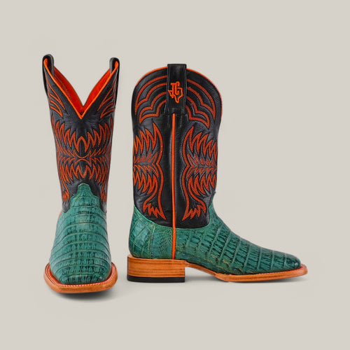 Exotic Caiman Belly Tail - Green - Square Toe