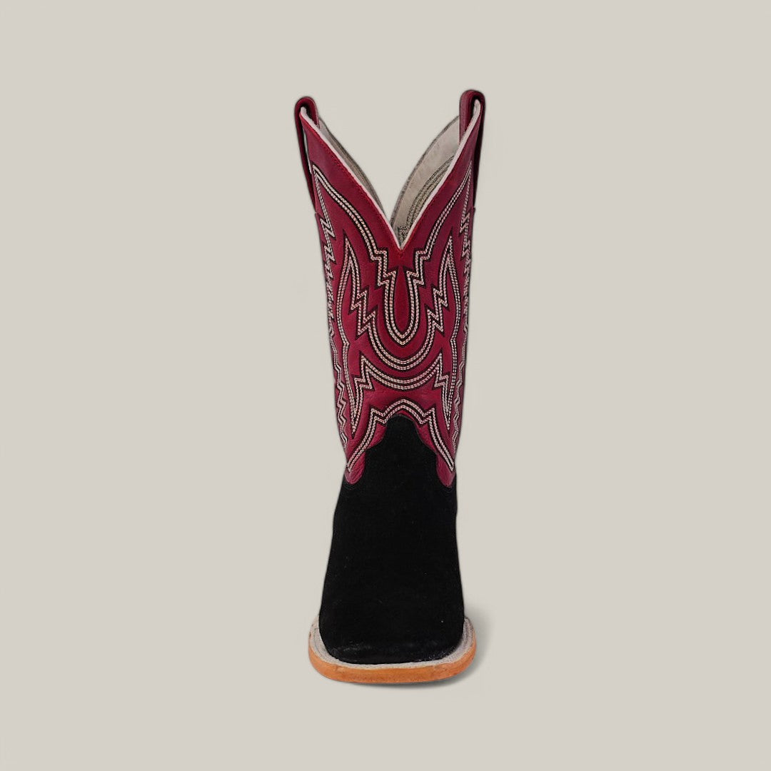 The Black Suede - Platinum - Square Toe cowboy boot, featuring maroon and white stitched patterns on the upper shaft, is showcased against a plain beige background.