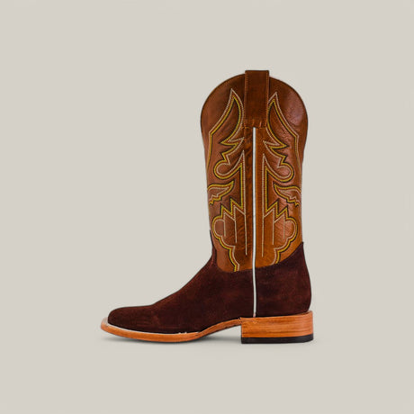 The Brown Suede - Platinum - Square Toe cowboy boot boasts decorative stitching on the shaft, smooth suede leather, a low wooden heel, and a modern square-toe design set against a plain gray background.
