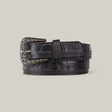 The Exotic Full Quilt Alligator - Platinum Buckle - Black Belt showcases a luxurious crocodile pattern, featuring an ornate silver-colored buckle with intricate circular leaf designs on a plain light gray background.