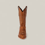 The Fresno - Fawn - Snip Toe boot is displayed upright and facing forward against a plain light background, showcasing its quality craftsmanship and decorative stitching in brown leather.