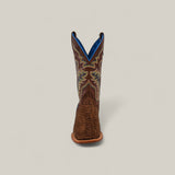 The Exotic Python - Tamarindo - Square Toe cowboy boot is shown upright and facing forward, highlighting its brown color, exotic python-textured lower section, and decorative stitching against a plain light background.