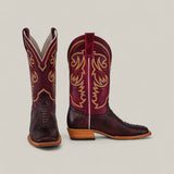 A pair of Exotic Python - Blackcherry - Square Toe cowboy boots with square toes and stylish details, displayed against a plain light background.