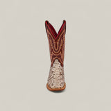 The Exotic Python - Natural - Square Toe boot features a light, textured lower inspired by python and a tall red upper with gold and brown stitching, shown from the front against a plain background.