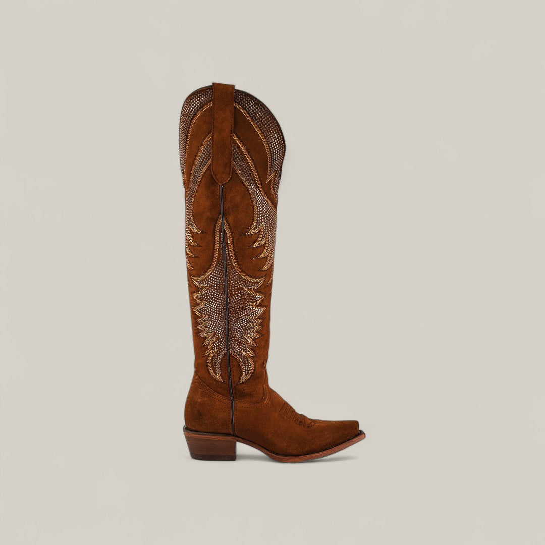 The Daisy Camel - Tall Shaft - Snip Toe is a brown knee-high cowboy boot with intricate stitching, embroidery, a low heel, and pointed toe—perfect for those who love classic womens fashion boots or elegant camel styles.