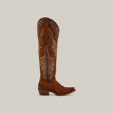 The Daisy Camel - Tall Shaft - Snip Toe is a brown knee-high cowboy boot with intricate stitching, embroidery, a low heel, and pointed toe—perfect for those who love classic womens fashion boots or elegant camel styles.