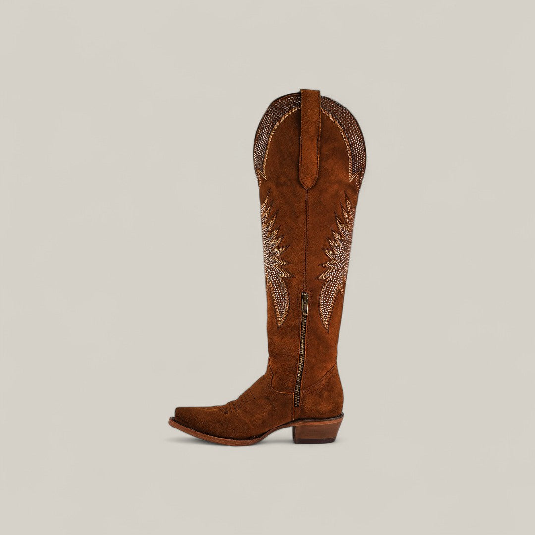 The Daisy Camel - Tall Shaft - Snip Toe is a brown suede knee-high cowboy boot for women with decorative stitching and a low heel, showcased side-on against a plain light beige background.