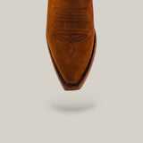 A close-up of the pointed toe and decorative stitching on the Daisy Camel - Tall Shaft - Snip Toe boot in brown suede, shown against a light gray background—an ideal addition to womens fashion boots collections.
