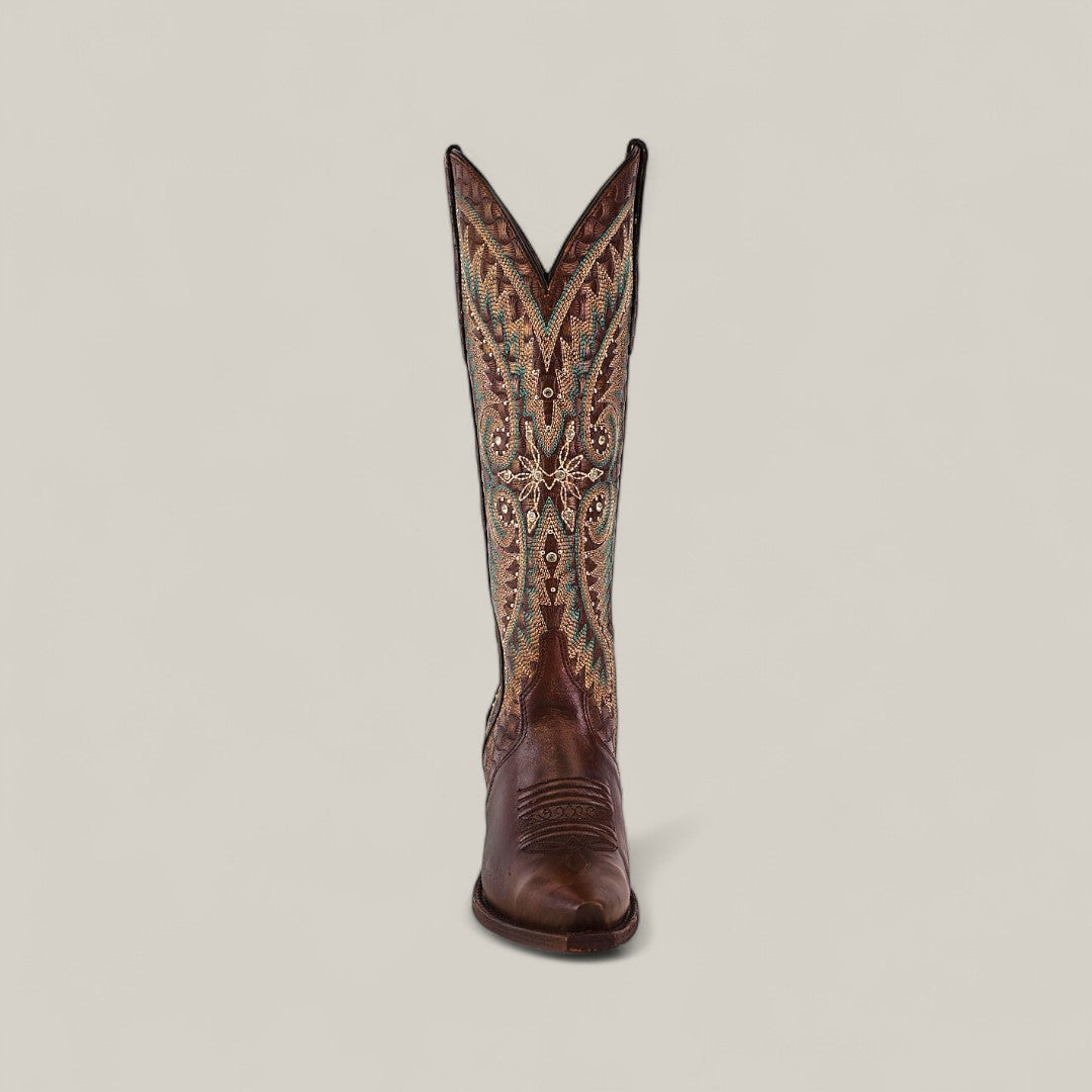 A single Rachael Copper - Tall Shaft - Snip Toe boot in brown leather, featuring multicolored embroidery on the shaft, is displayed front-facing against a plain light background—ideal for womens boot collections.