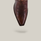 A close-up of the pointed toe on the Rachael Copper - Tall Shaft - Snip Toe boots showcases decorative stitching against a light background with a soft shadow. The perfect womens boots for standout Western style.