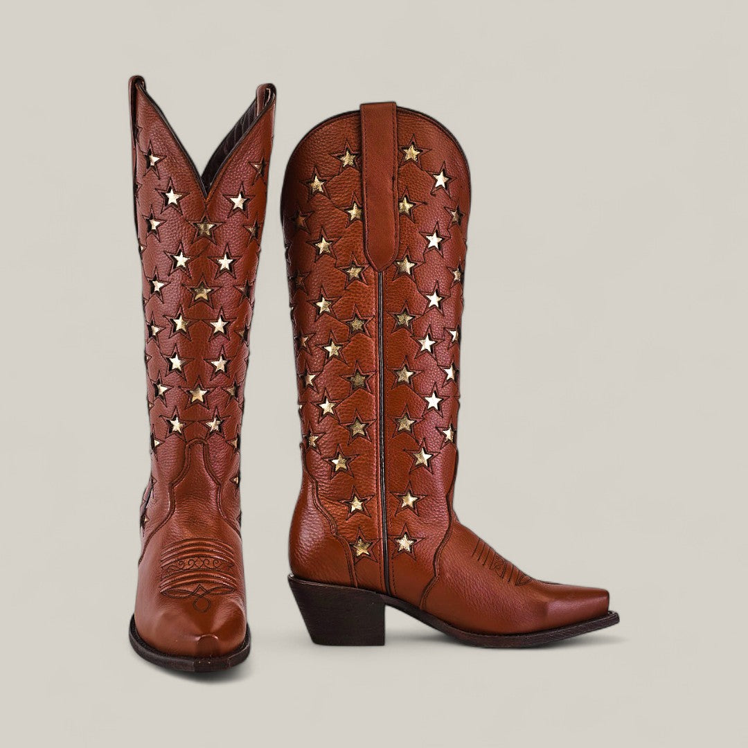 The Marjorie Star Brown Tall Shaft Snip Toe boots feature brown leather, gold star-shaped cutouts, intricate stitching, and a mid-height angled heel—ideal for women seeking standout style. Displayed on a plain light background.