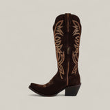 The Kellie Suede Brownie Tall Shaft Boot features dark brown suede, tan stitching, a snip toe, medium-high angled heel, leather sole, and side zipper. Shown against a plain light beige background.