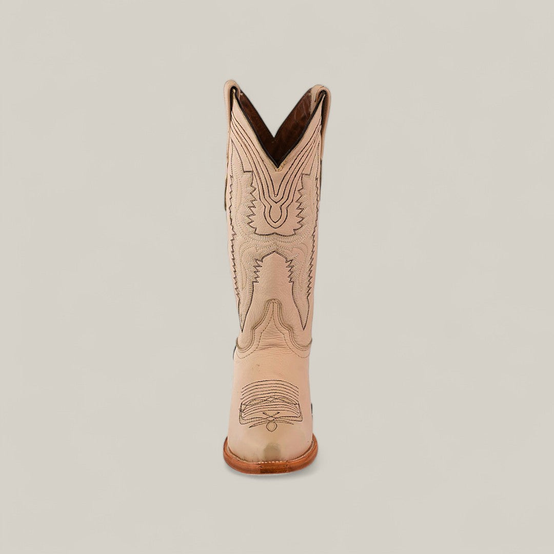 The Tessa Champagne Mid Shaft Snip Toe boot for women features decorative stitching and is shown from the front against a plain light background—an elegant update on classic snip toe boots.