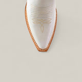 The Kellie Frost White Leather Sole cowboy boot features a tall shaft, snip toe, tan stitching, and a light brown sole, shown from above on a light grey background.