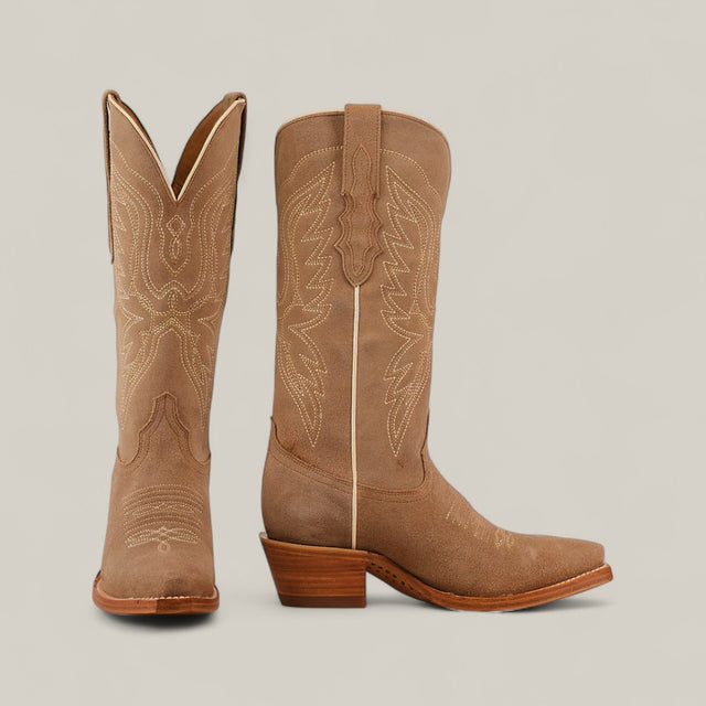 Two Miranda Suede Khaki boots with snip toes, leather soles, and mid shafts are displayed—one facing forward, the other showing a side view—against a plain light background.